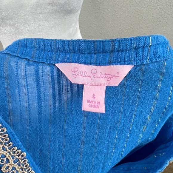 Lilly Pulitzer Esme Tunic Women's S Lurex Crinkle Blue Gold Metallic Swim Cover - Picture 7 of 8